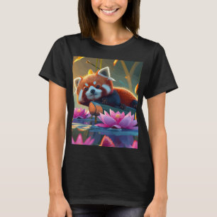 Red pand laying on a log in lotus pond T-Shirt
