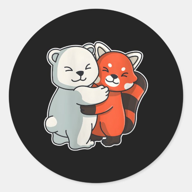 Red Panda And Polar Bear Animals Animal Hugging Classic Round Sticker (Front)