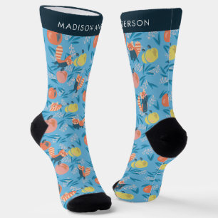 Red Panda & Apple Pattern Sky Blue Socks