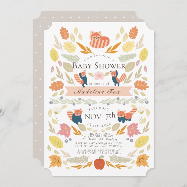 Red Panda Autumn Foliage Baby Shower Invitation (Front/Back)
