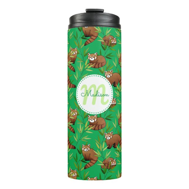 Red Panda & Bamboo Leaves Pattern & Monogram Thermal Tumbler (Front)