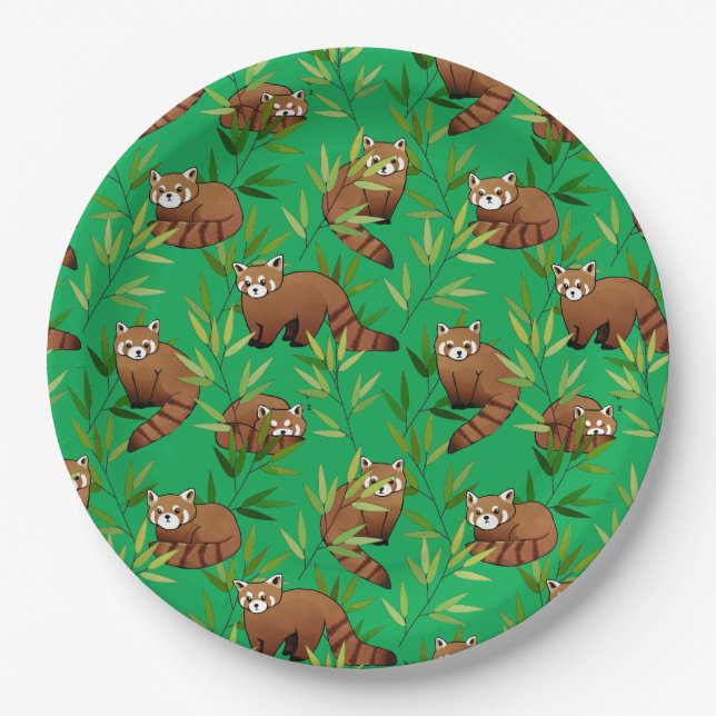 Red Panda & Bamboo Leaves Pattern Paper Plate (Front)