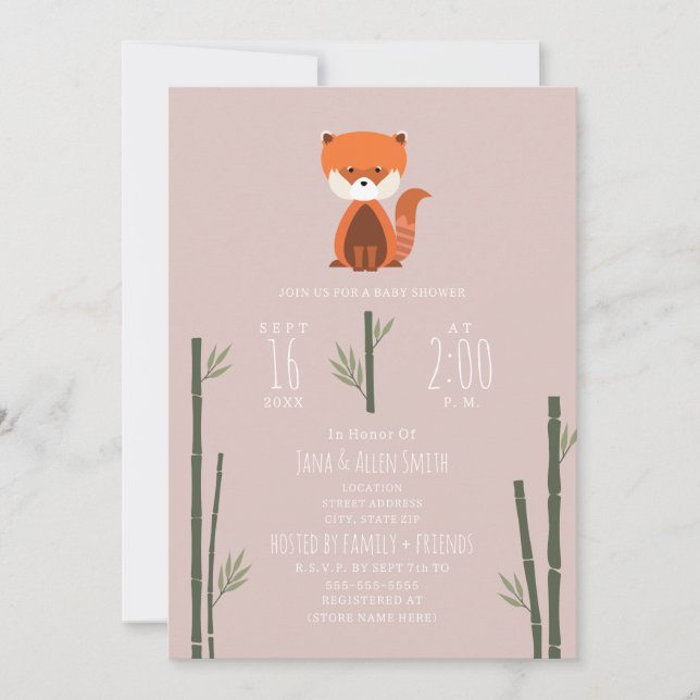 Red Panda Bamboo Pink Girl Baby Shower Invitation (Front)