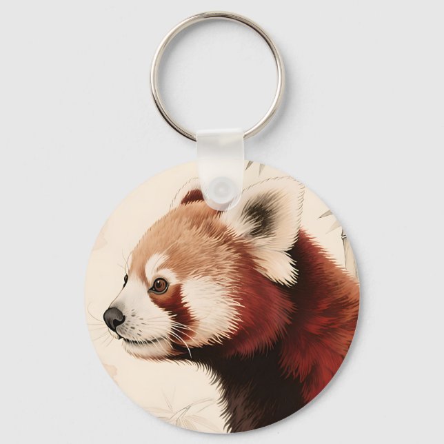 Red Panda Bamboo Watercolor Portrait Key Ring (Front)