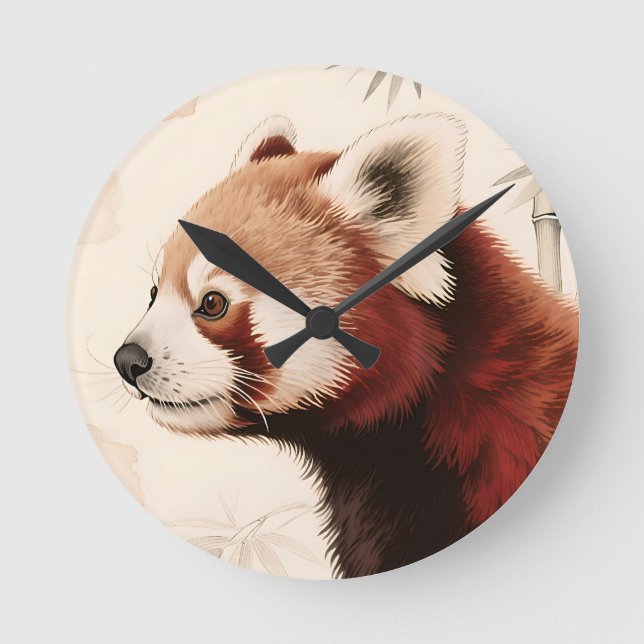Red Panda Bamboo Watercolor Portrait Round Clock (Front)