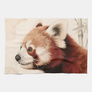 Red Panda Bamboo Watercolor Portrait Tea Towel