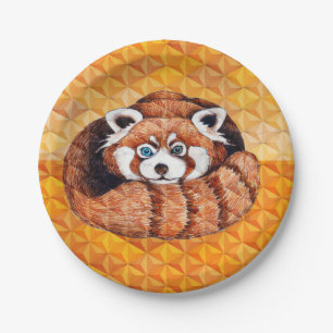 Red Panda Bear On Orange Cubism Paper Plate