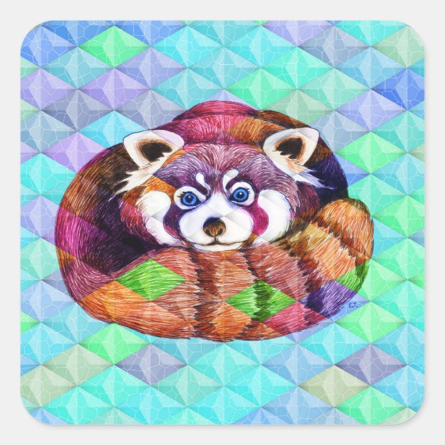 Red Panda bear on turquoise cubism Square Sticker (Front)