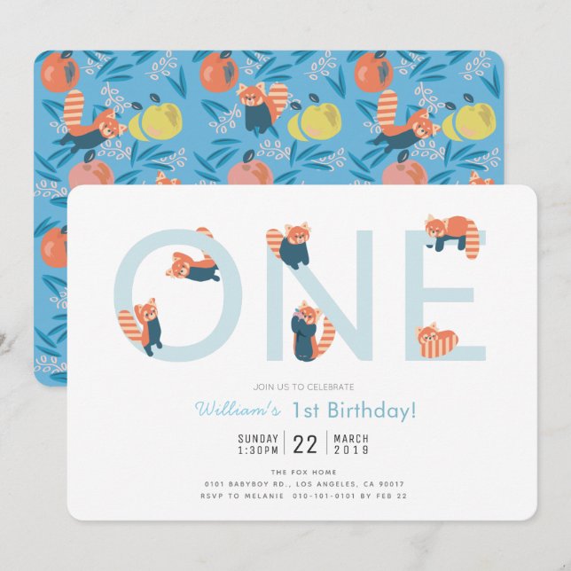 Red Panda Blue Boy 1st Birthday Invitation (Front/Back)