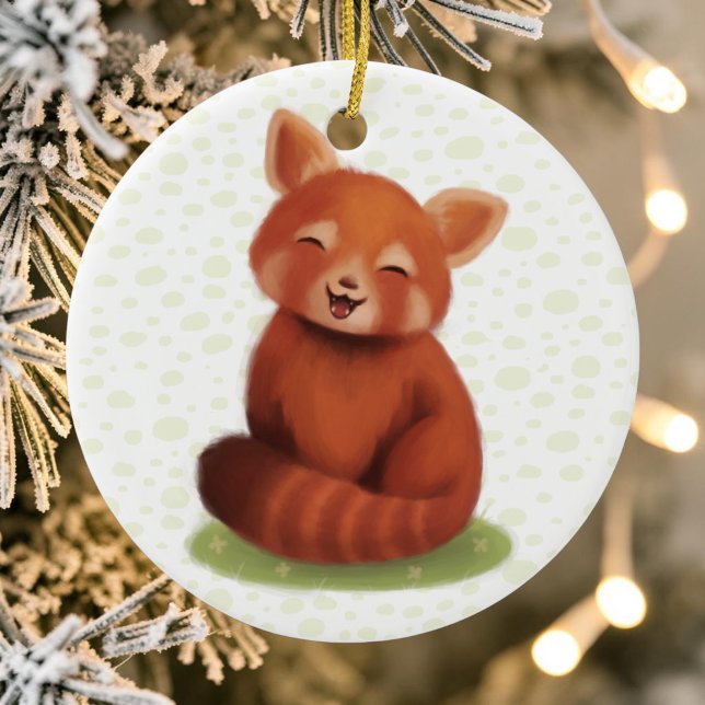 Red Panda Ceramic Tree Decoration (A cute red panda smiling, hand-painted on a christmas bauble for the tree.)