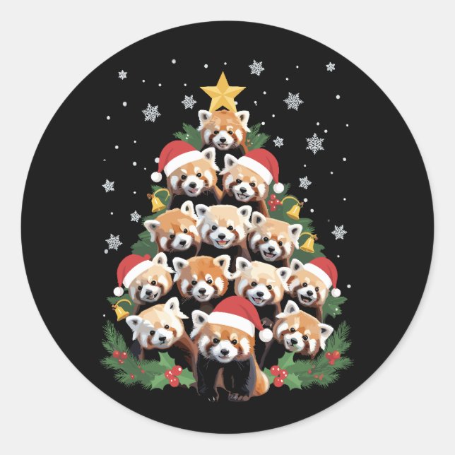 Red Panda Christmas Tree Funny Animal  Classic Round Sticker (Front)