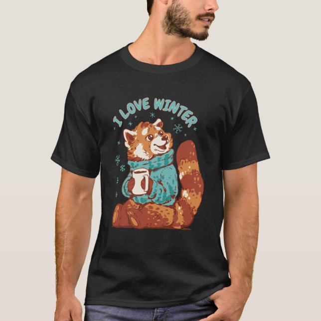 Red Panda Coffee Snow Quote I Love Winter Cute Pan T-Shirt (Front)