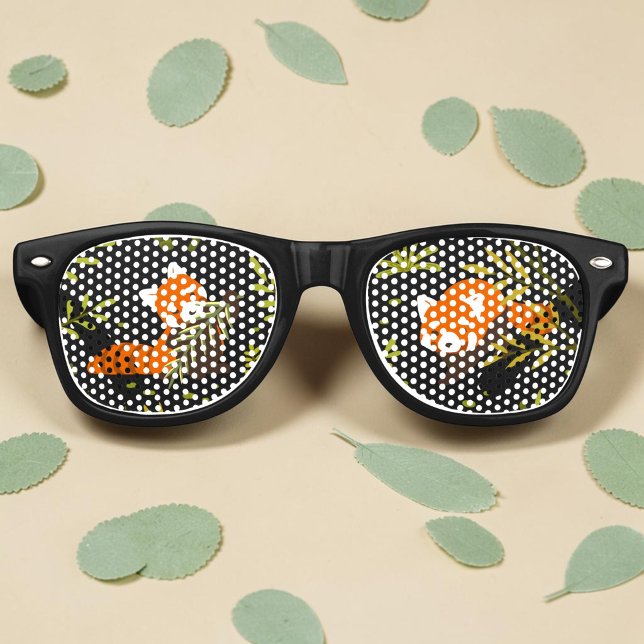 Red Panda Dark Forest Zoo Animal Party Photo Props Retro Sunglasses (Black party shades with a cute red panda image on each lens in different poses.)