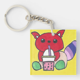 Red Panda Drinking Boba Key Ring
