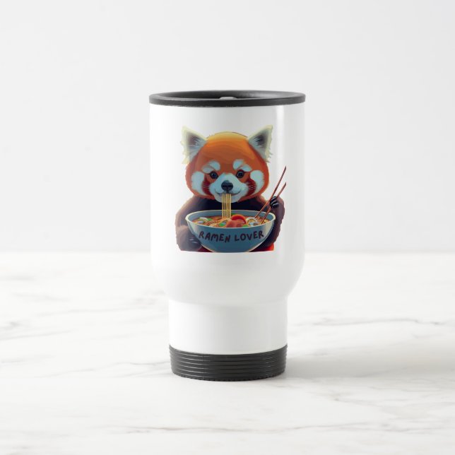 Red panda eating a bowl of ramen travel mug (Center)
