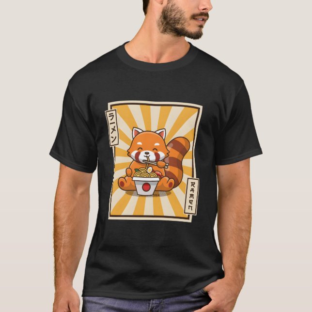 Red Panda Eating Ra Kawaii Japanese Noodles Ra T-Shirt (Front)
