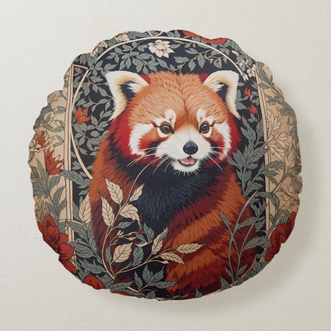 Red Panda Elegant William Morris Inspired Floral Round Cushion (Front)