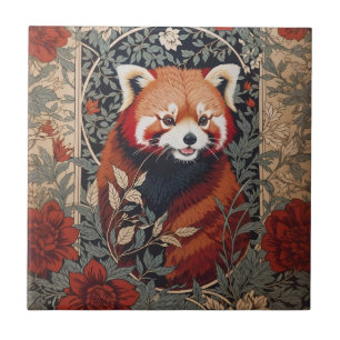 Red Panda Elegant William Morris Inspired Floral Tile
