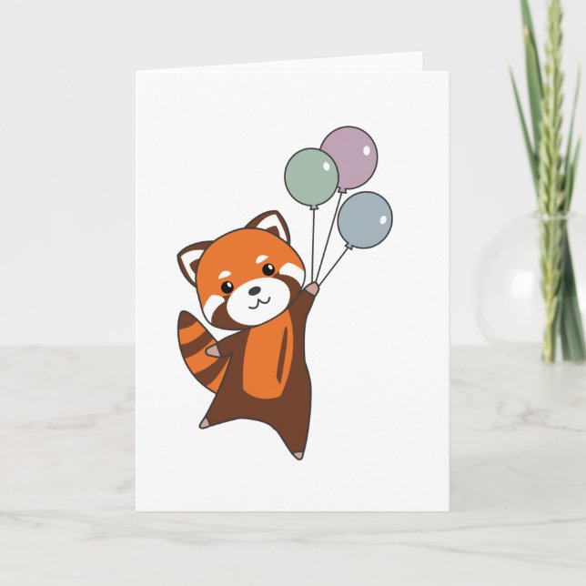 Red Panda Flies Balloons Cute Animals For Kids Card (Front)