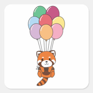 Red Panda Flies Up With Colourful Balloons Square Sticker