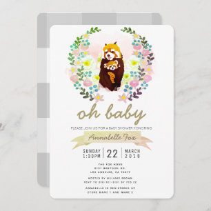 Red Panda Floral Wreath Baby Shower Invitation