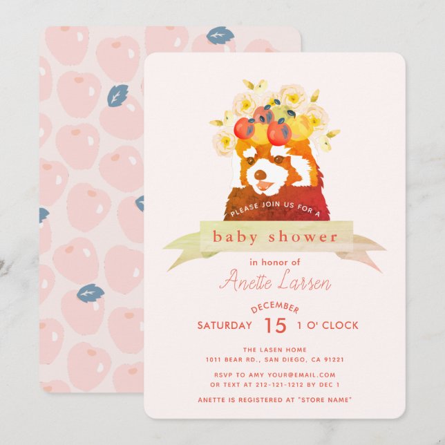 Red Panda Flower Crown Girl Baby Shower Invitation (Front/Back)