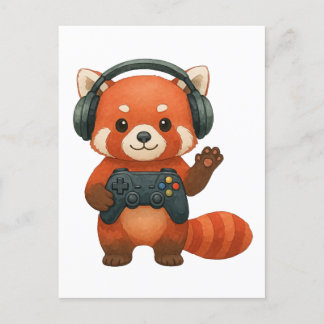 Red Panda Gamer, Gaming Controller & Headphones  Invitation Postcard