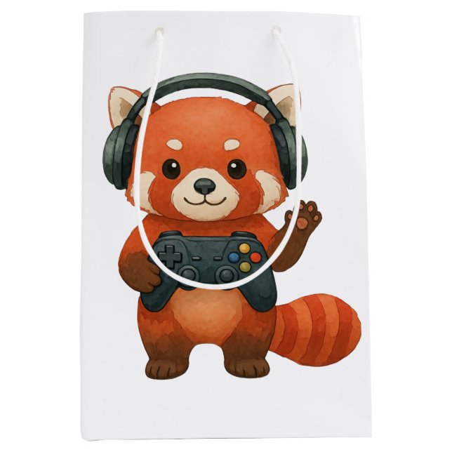 Red Panda Gamer, Gaming Controller & Headphones  Medium Gift Bag (Front)