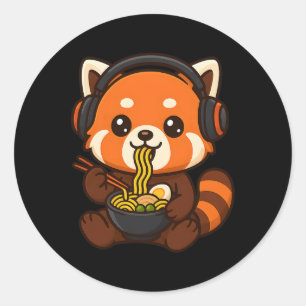 Red Panda Gaming Gamer Eating Ramen  Classic Round Sticker