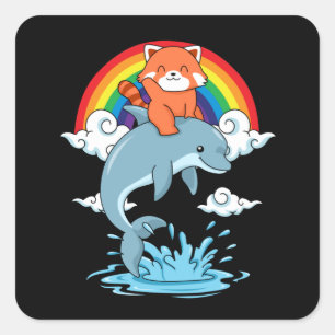 Red Panda Gifts Kids Kawaii Red Panda Dolphin Square Sticker