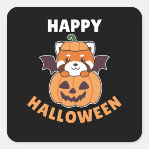 Red Panda Happy Halloween Pumpkin Bat Square Sticker