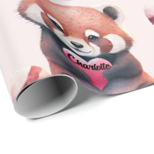 Red Panda Heart Watercolor Add Name Cute Wrapping Paper
