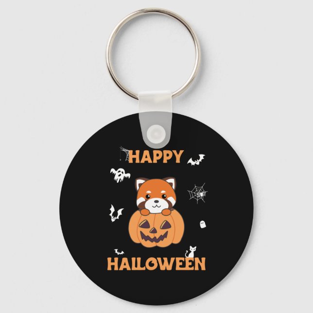 Red Panda In Pumpkin Cute Pandas Happy Halloween Key Ring (Front)