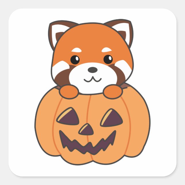 Red Panda In Pumpkin Cute Pandas Happy Halloween Square Sticker (Front)