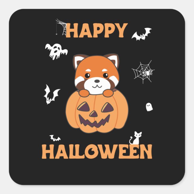 Red Panda In Pumpkin Cute Pandas Happy Halloween Square Sticker (Front)