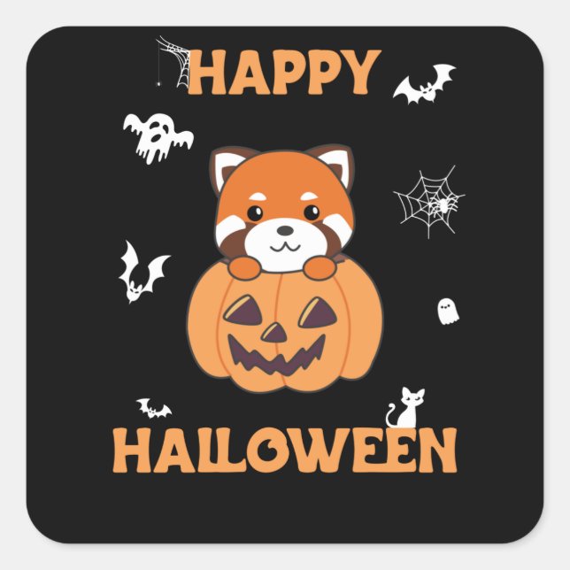 Red Panda In Pumpkin Cute Pandas Happy Halloween Square Sticker (Front)