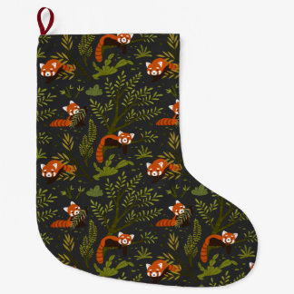 Red Panda Jungle Christmas Black Botanical Large Christmas Stocking