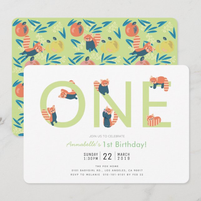 Red Panda Light Green 1st Birthday Invitation (Front/Back)