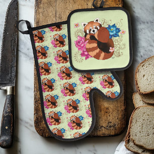 Red Panda Lotus Flowers Henna Oven Mitt & Pot Holder Set