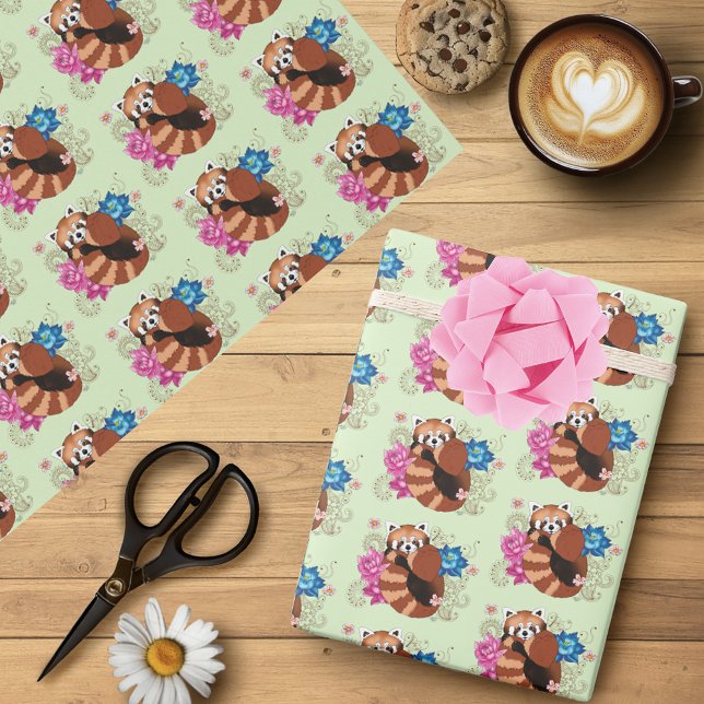 Red Panda Lotus Flowers Henna Wrapping Paper (Creator Uploaded)