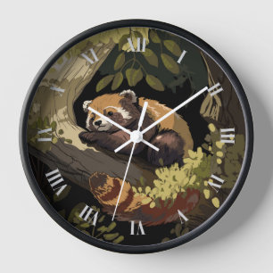 Red panda lying on a tree branch clock