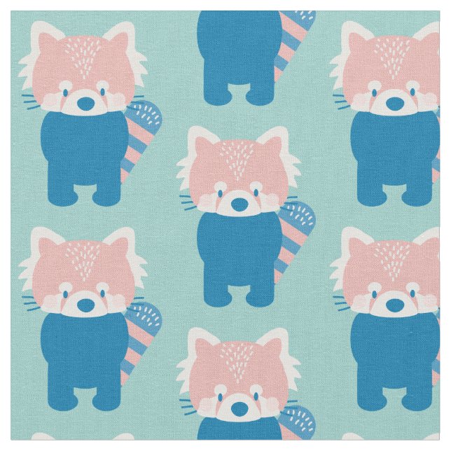 Red Panda Pattern Light Teal Blue Fabric (Close Up)
