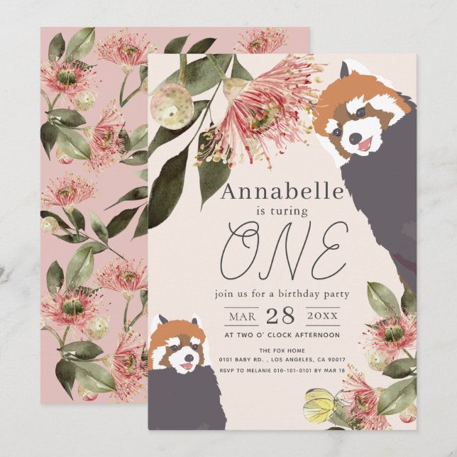 Red Panda Pink Floral Girl 1st Birthday Invitation (Front/Back)