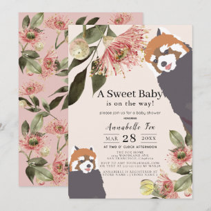 Red Panda Pink Floral Girl Baby Shower Invitation