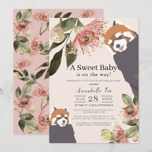Red Panda Pink Floral Girl Virtual Baby Shower Invitation