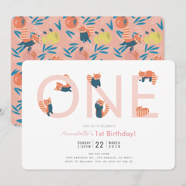 Red Panda Pink Girl 1st Birthday Invitation (Front/Back)