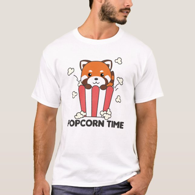Red Panda Popcorn Time Funny Pun T-Shirt (Front)