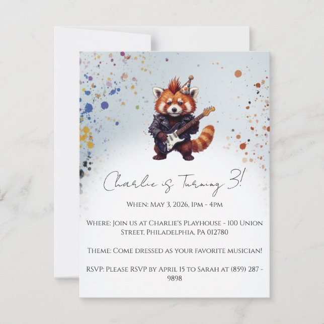 Red Panda Rocker Birthday Invitation (Front)