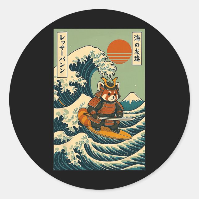 Red Panda Samurai Surfing Japanese Wave  Classic Round Sticker (Front)