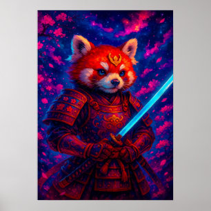 Red Panda Samurai with Glowing Katana Fantasy Poster